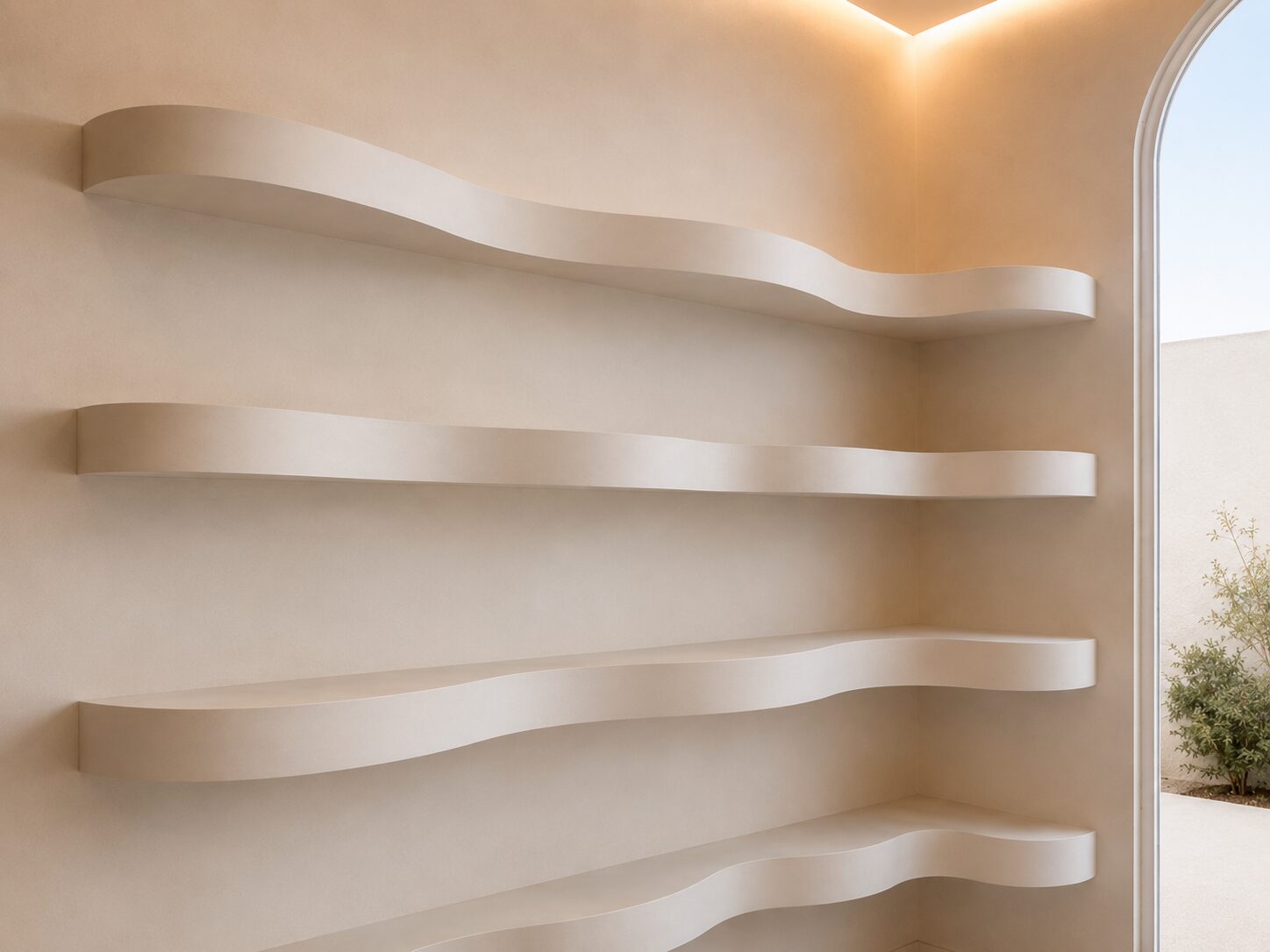 Finished sculptural timber shelving detail