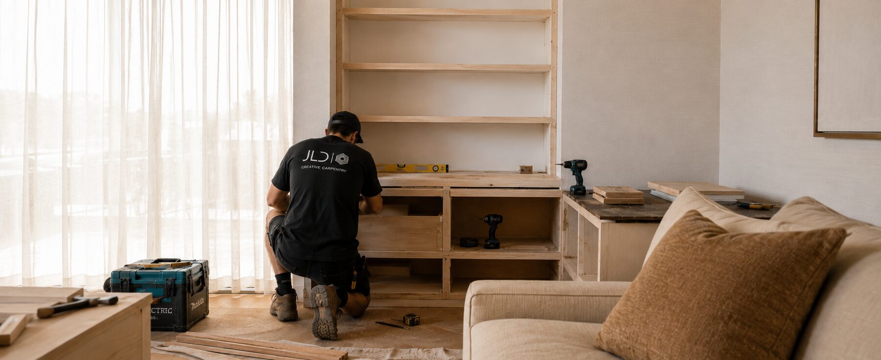 Carpenter installing built-in cabinetry